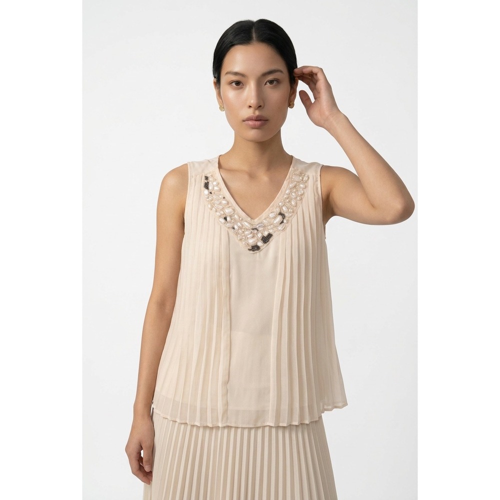 Jennifer Lopez Cream Pleated Chiffon Beaded V-Neck Tank Top Blouse XL
